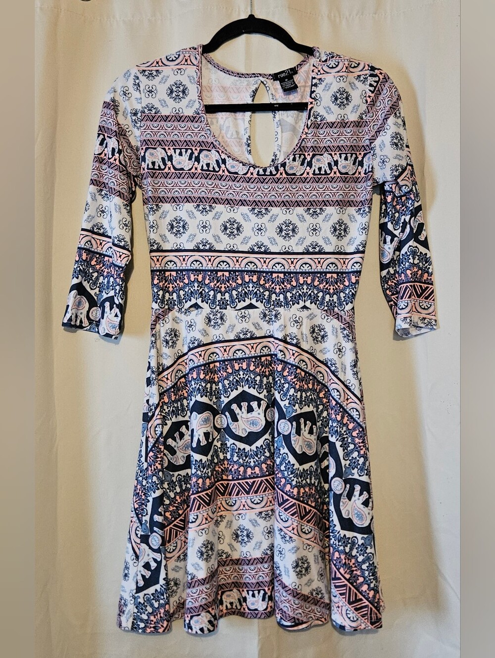 Rue21 Navy and Blush Patterned Fit & Flare Dress